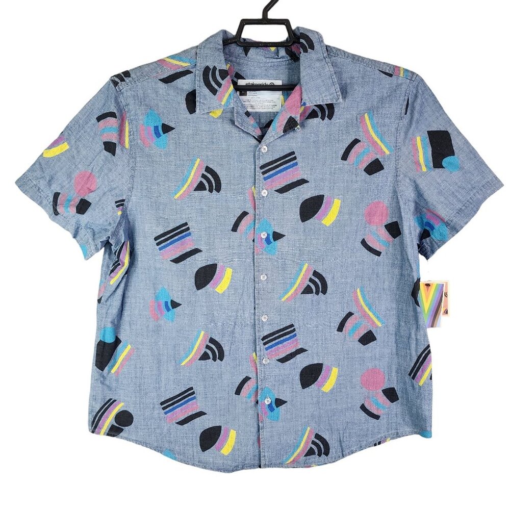 Men's Take Pride Shirt Short Sleeve Button Up Geometric Print Cotton Size XL